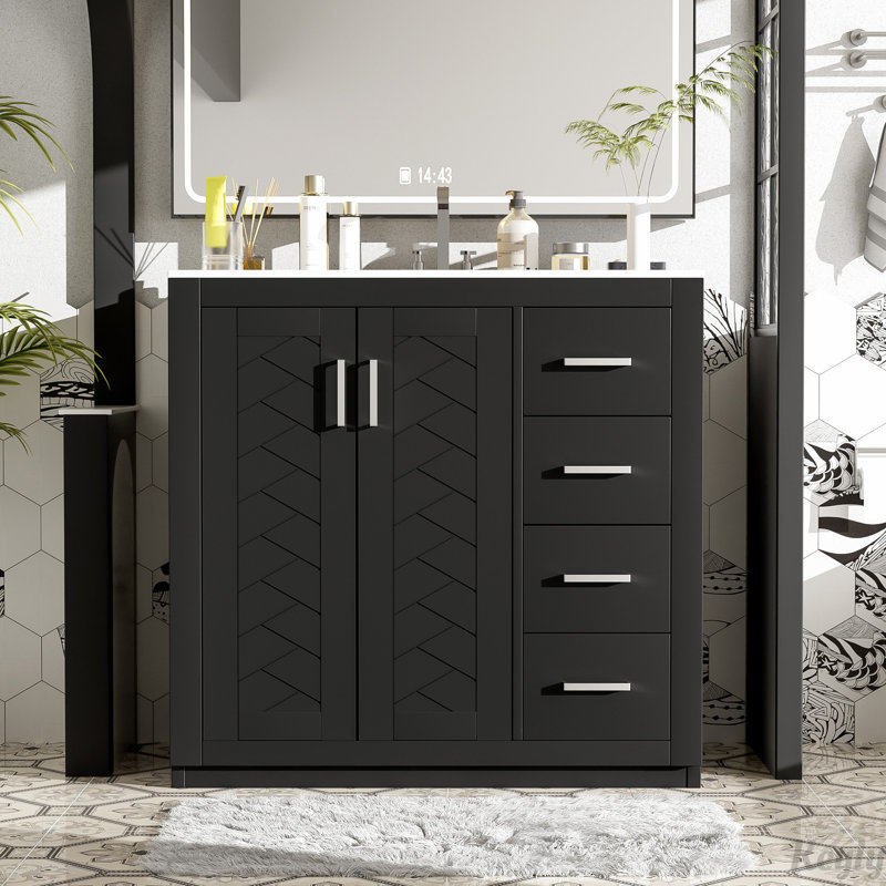 Meuble-lavabo 36 po avec lavabo en céramique, Noir, noir, noir, noir