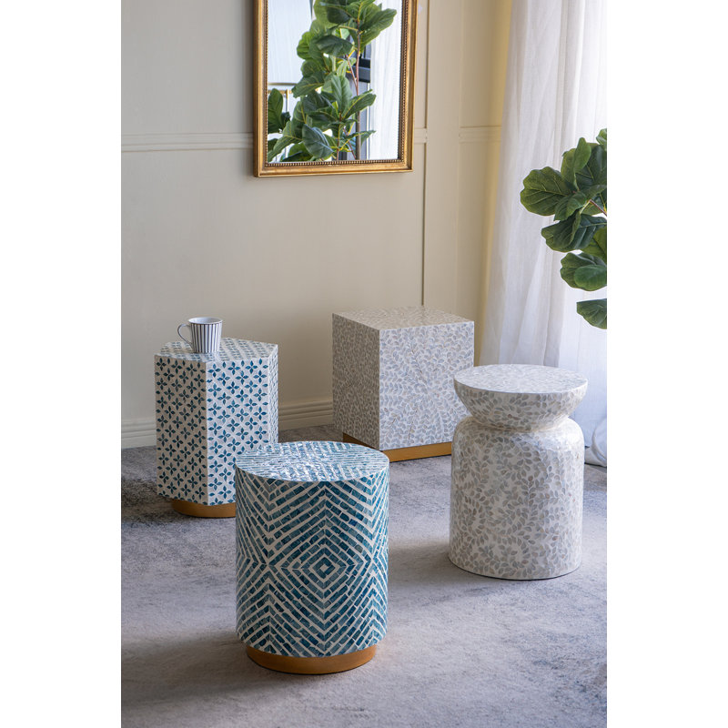 15x13x18.5" Hexagonal Accent Table with Blue Capiz Design and Gold Base