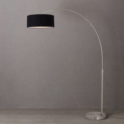 Float 92" Arc Lamp - Satin Nickel, Satin Nickel Steel Base, Black Linen Drum Half-Dome, Dimmable, Bulb Included