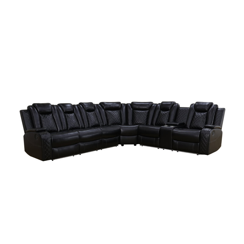 Ensemble modulaire inclinable électrique en similicuir noir respirant avec canapé, causeuse, coin d'angle, porte-gobelets, rangement, ports USB et base DEL