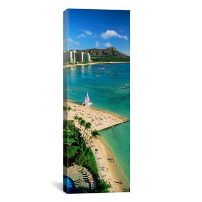 Vue panoramique d'une plage, Diamond Head, plage de Waikiki, Oahu, Honolulu, Hawaï - reproduction de photo sur toile tendue