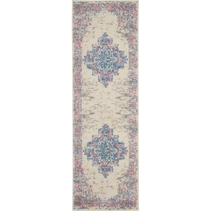 Tapis oriental ivoire / rose Burnie, Tapis de couloir 2 pi 2 po x 12 pi