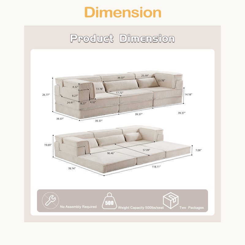 Compression Mahjong Sofa,Convertible Floor Sofa Bed,DIY Boneless Modular Sectional Sofa,No Assembly Required,Circle Fleece Fabric,Oversized 3 Seater With 3 Pillows