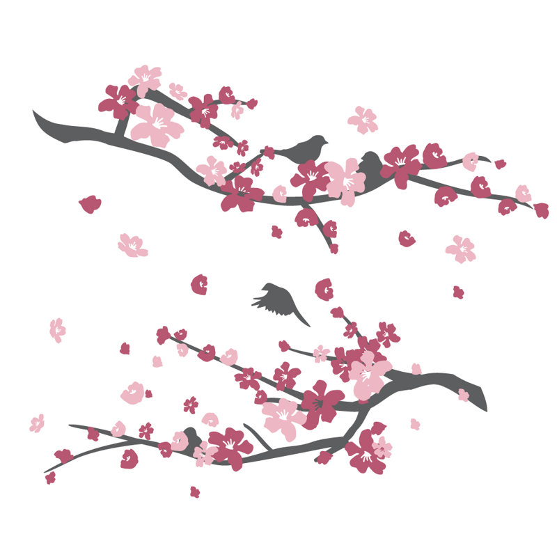 Décalcomanie murale petites fleurs de cerisier, Gris / rose, H 20 po x l 24 po x P 0,01 po