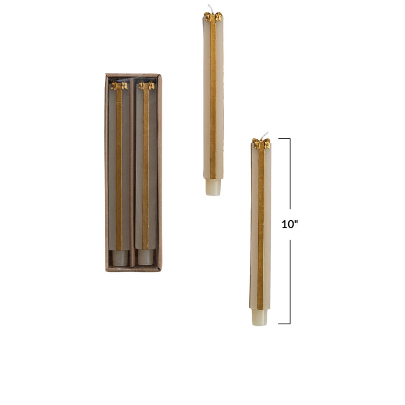 2-Piece Tall Unscented Package Shaped Taper Candles In Box, Cream/Gold, 10” x 1.25” Taper