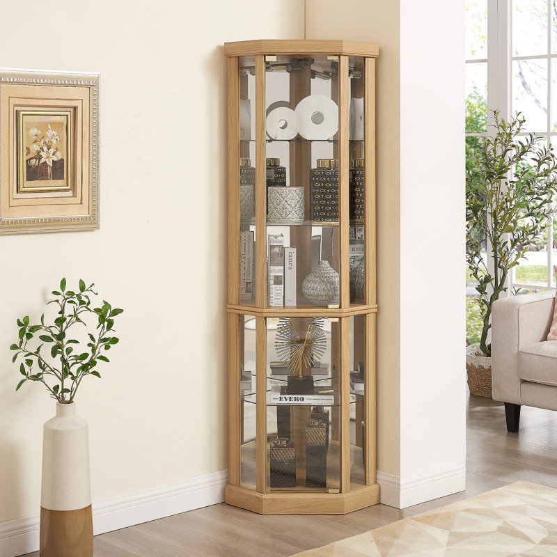 Accent Cabinet with LED Light and glass Doors, Light Oak