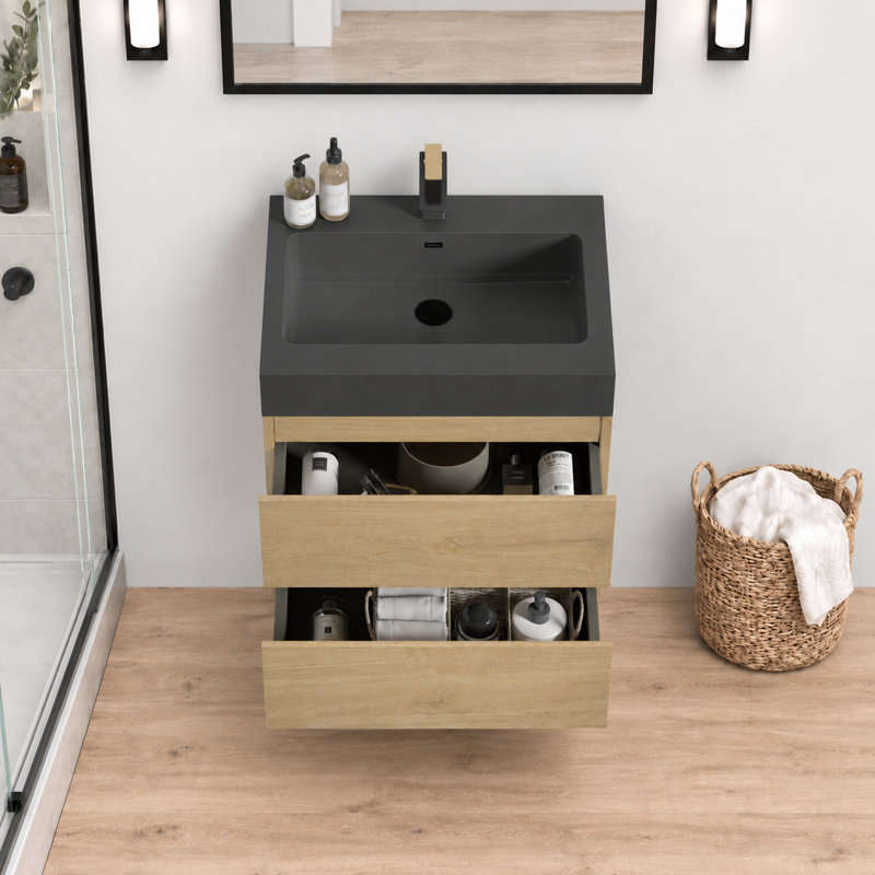 Meuble-lavabo suspendu moderne de 61 cm (24 pouces) en noyer brun avec lavabo intégré noir et 2 tiroirs de rangement, fixé au mur et entièrement assemblé.