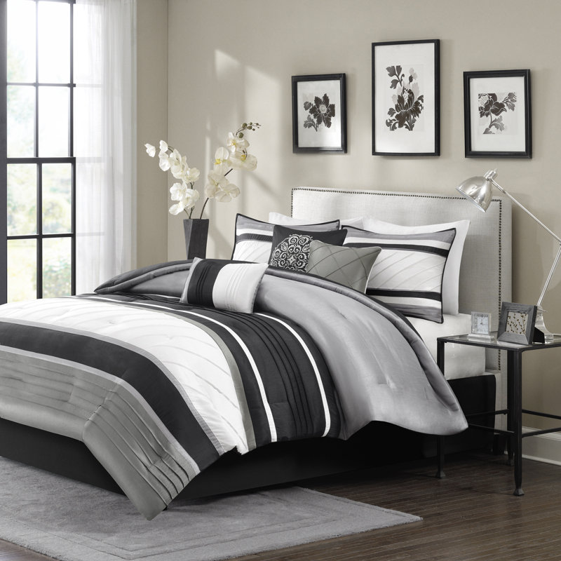 Blaire 7 Piece Comforter Set, Queen Comforter + 1 Bed Skirt + 2 Shams + 3 Decora, Gray