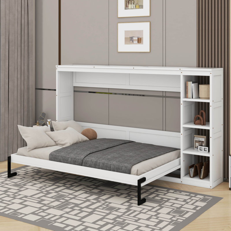 Lit escamotable double avec bibliothèque, Blanc, Lit double