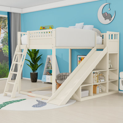 Multi-Functional Wooden Loft Bed With Slide, Storage Shelves And Safety Guardrails