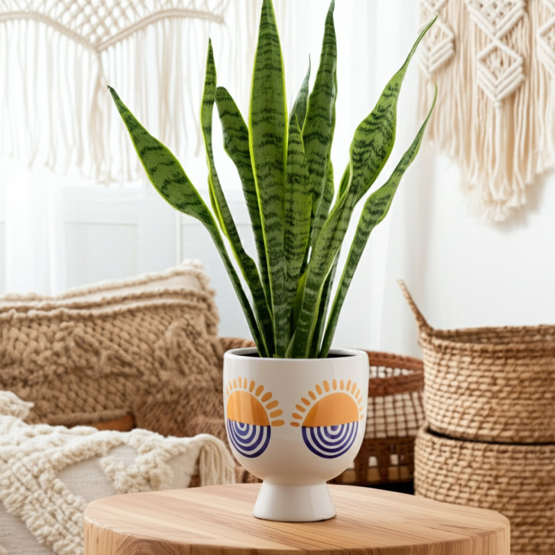 Pot de fleurs bohème en céramique grès avec motif Sunburst peint à la main - pot de fleurs blanc décoratif de 7 po pour une utilisation intérieure / extérieure.