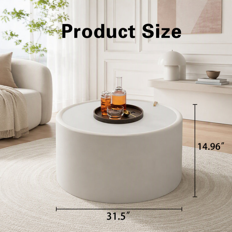 Table basse ronde avec plateau en verre trempé et rangement caché, L 27,56 po, Cream White