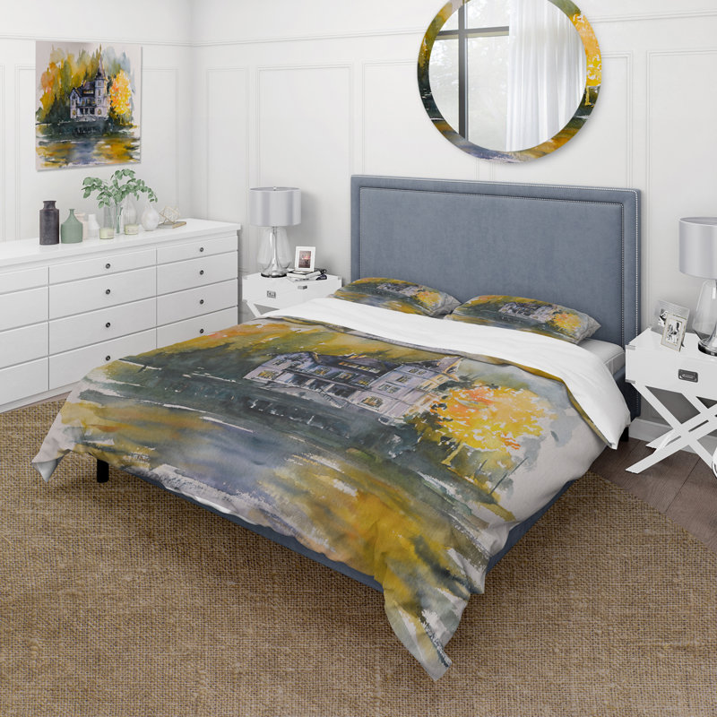 Ensemble de housse de couette Castle By The Lake With Autumn Trees - Lake House - Microfibre de polyester
