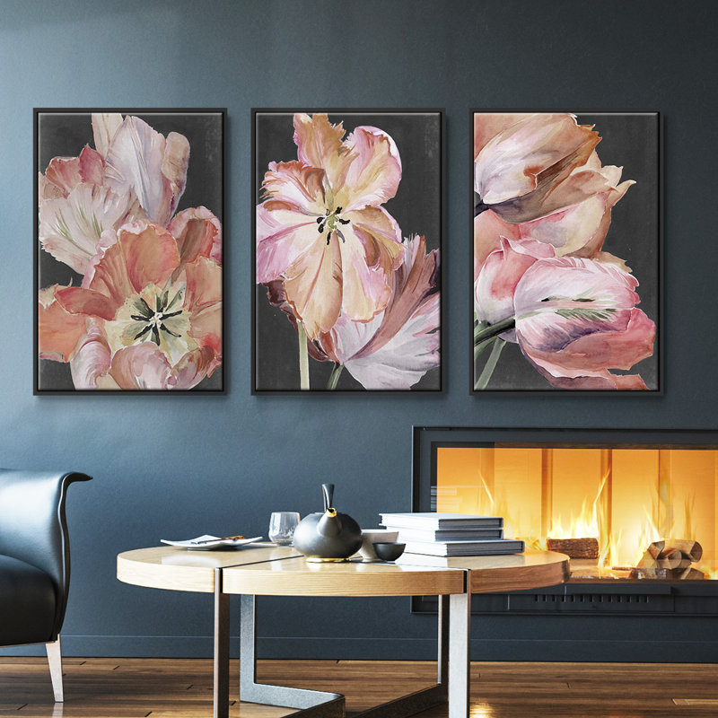 Pastel Parrot Tulips I, ensemble de 3 toiles encadrées sur toile, Noir, H 27 po x l 54 po