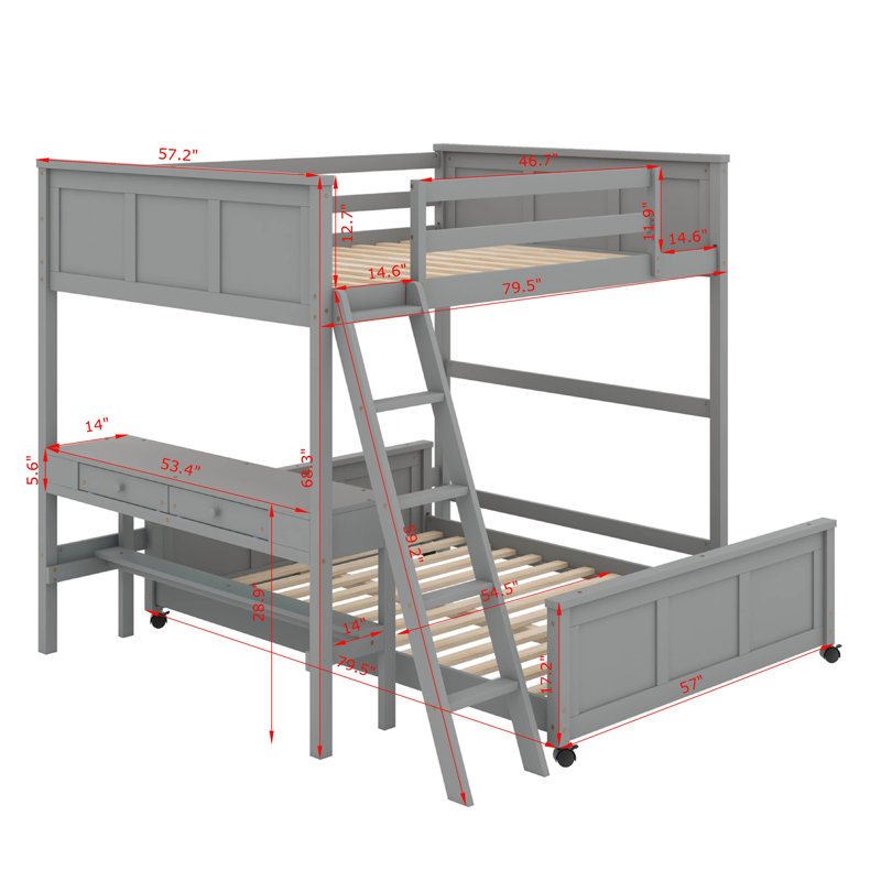Icaro Bunk Bed with Desk, Full Over Full, Gray