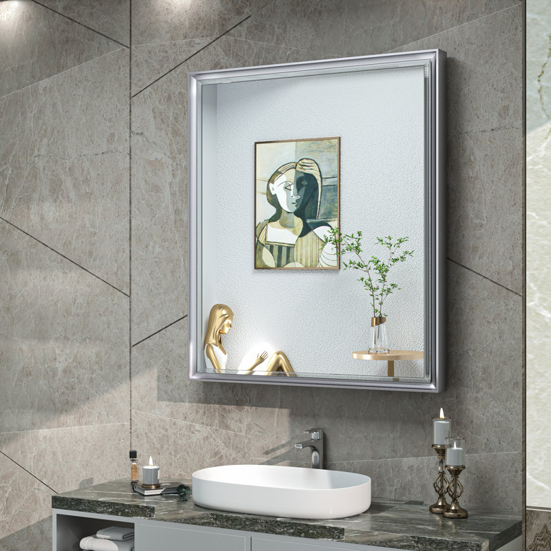 Cyrille Recessed & Surface Framed Medicine Cabinet with Mirror and Shelves, Silver, 30" H x 26" W x 5.2" D