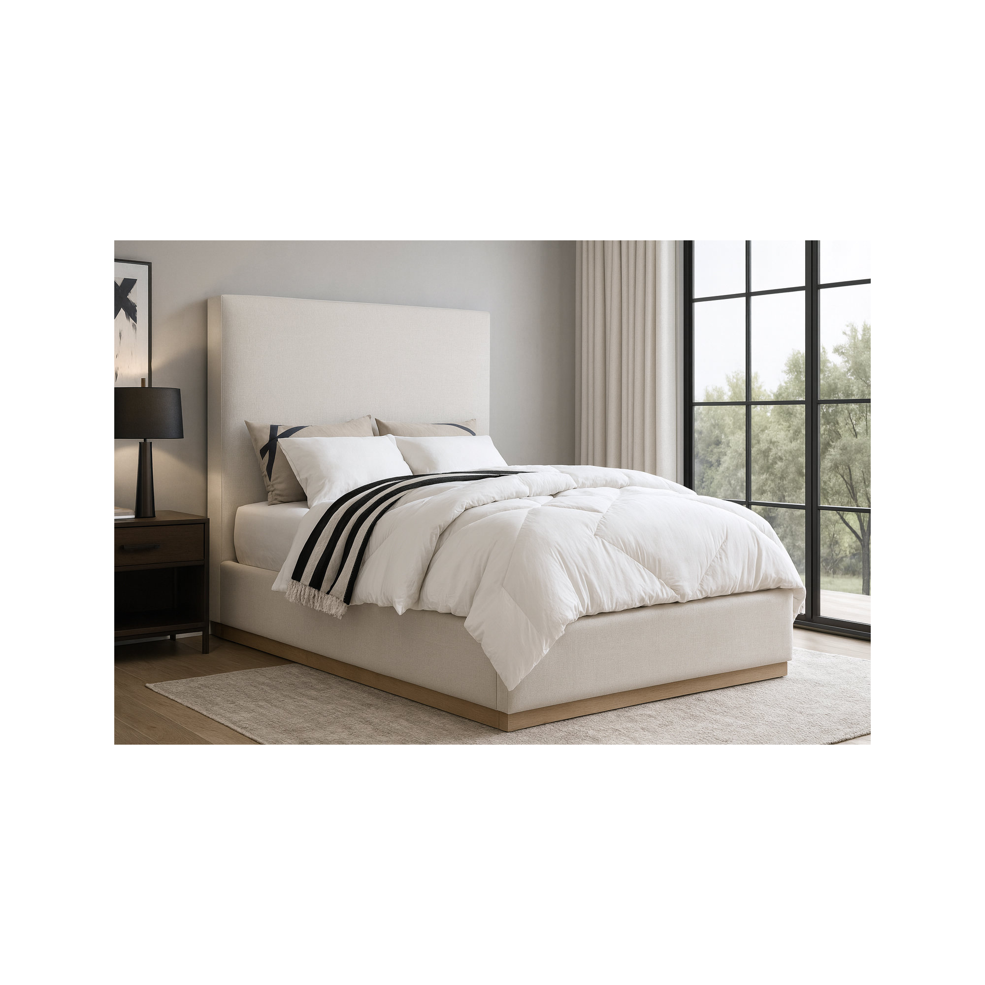 Citori Upholstered Panel Bed, Cream Linen Textured Fabric, Full / Double