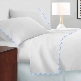 Allena 400TC Cotton Scallop Embroidery Sateen Cotton 4 Piece Sheet Set Fitted Sheet Fits Upto 16" Deep Pocket, King Sheet Set