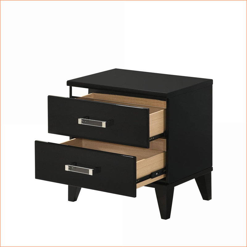 Table de chevet contemporaine à 2 tiroirs en bois noir brillant