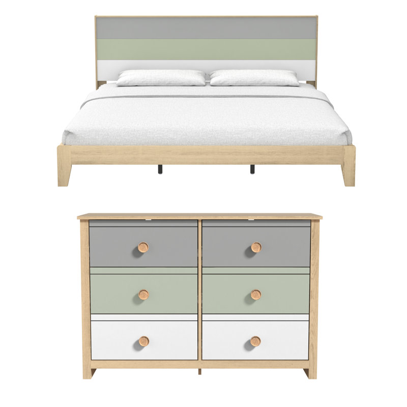 Patton Transitional 2 Piece Bedroom Set, Brown/Gray/Green/White, King