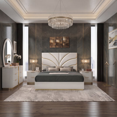 Kingsley 5-N Bedroom Set in Gold and White Finish
