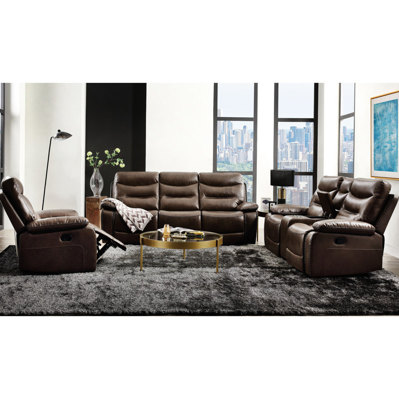 Fauteuil inclinable luxueux en cuir gélifié brun avec mécanisme confortable et inclinable - 3 sièges et coussins d'accoudoirs