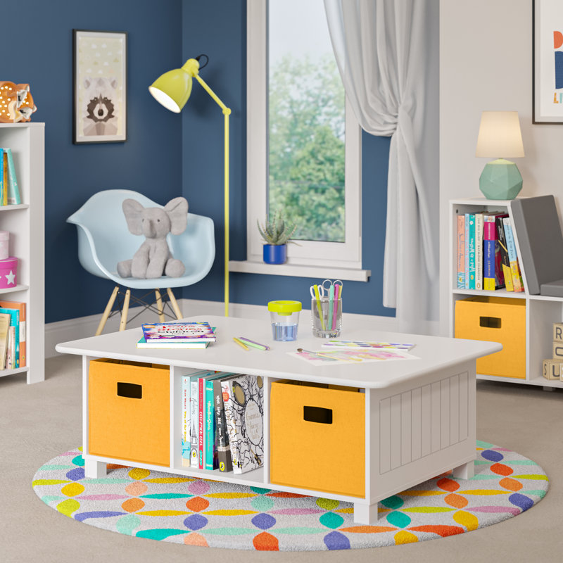 RiverRidge Kids Desk, Activity and Play Table with 6 Storage Cubbies - White with 2 Fabric Bins, White/Golden Yellow