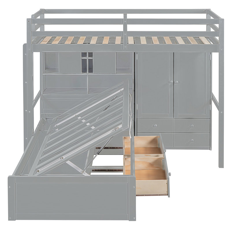 Karenda Bunk Bed Platform Bed With Wheels, Pine Wood And MDF, Gray