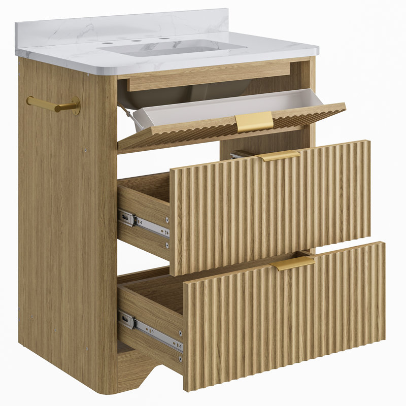 Bathroom Vanity With Ceramic Sink, Freestanding Bathroom Sink Cabinet With 2 Drawers & 1 Flip-down Drawer, Wood Grain Texture, Farmhouse