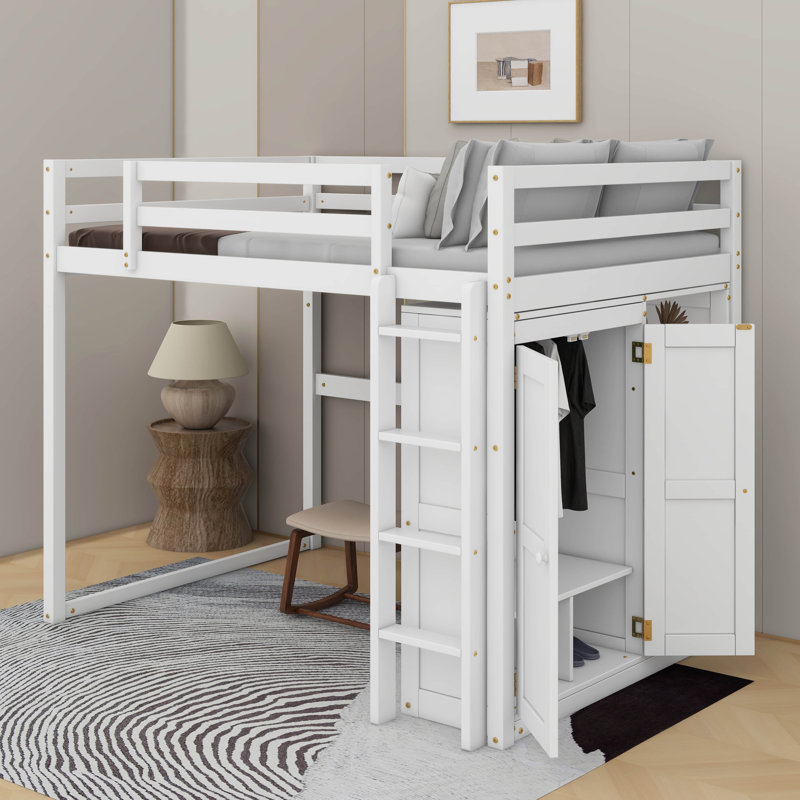 Lit mezzanine double avec tablettes et DEL, Blanc