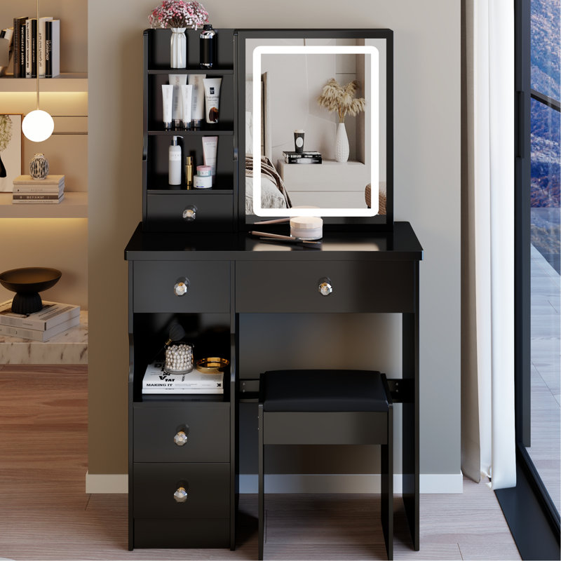 Table de coiffeuse de 29,2 po, tiroir de gauche, tabouret rembourré, commande tactile, miroir réglable de luminosité tricolore, chambres à coucher de petite capacité avec empreinte de pas variable