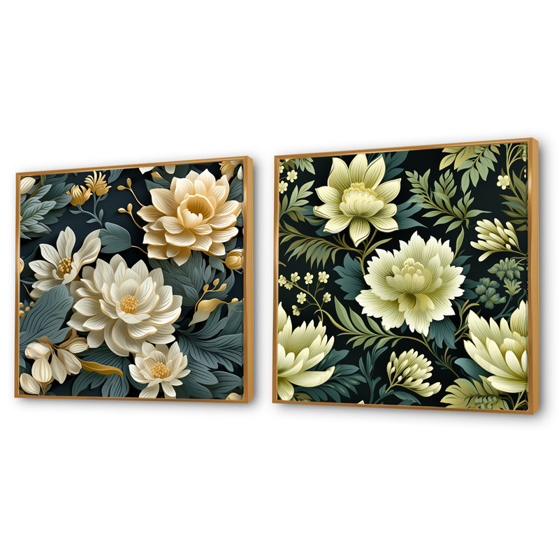 Caledon - Ensemble de 2 collages carrés floraux, Cadre flottant doré, H 36 po x l 73 po