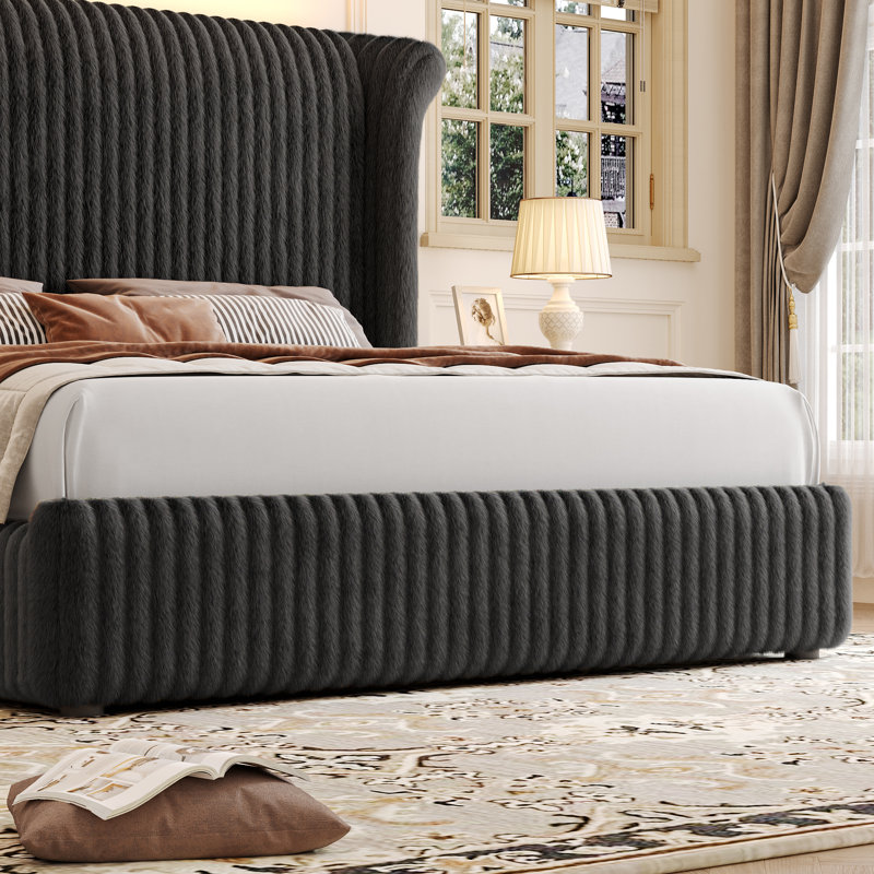 Upholstered Bed Frame With 55" Tall Headboard, Soft Corduroy Fabric Platform Bed, Noise-free, No Box Spring Needed, Black