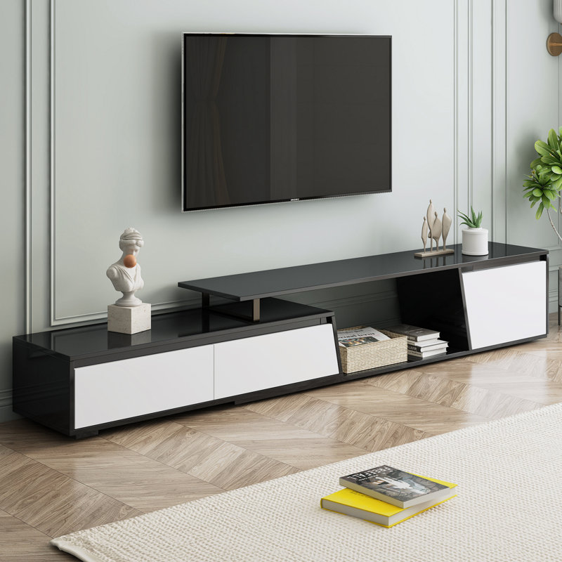 Modern Extendable TV Stand with 2 Drawers and 1 Cabinet for TVs Up to 100", Black Top