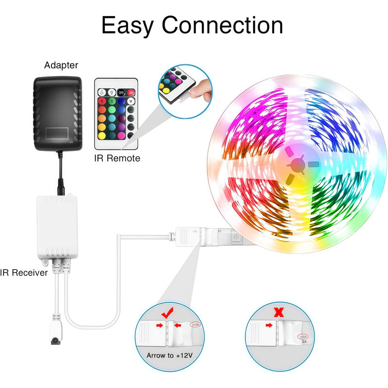 Bande DEL RVB 24 V 15 m (50 pi), ruban flexible à changement de couleur 5050 avec contrôle via l'application DayBetter et télécommande 24 touches, bande DEL grise non étanche (circuit imprimé nu FPC) pour la décoration de chambre, salle de télévision ou salle de jeux.