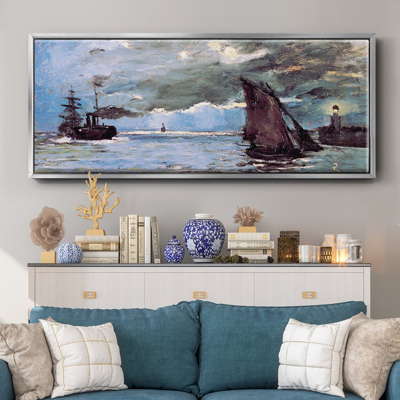Seascape by Monet- Framed Canvas, 12" H x 30" W
