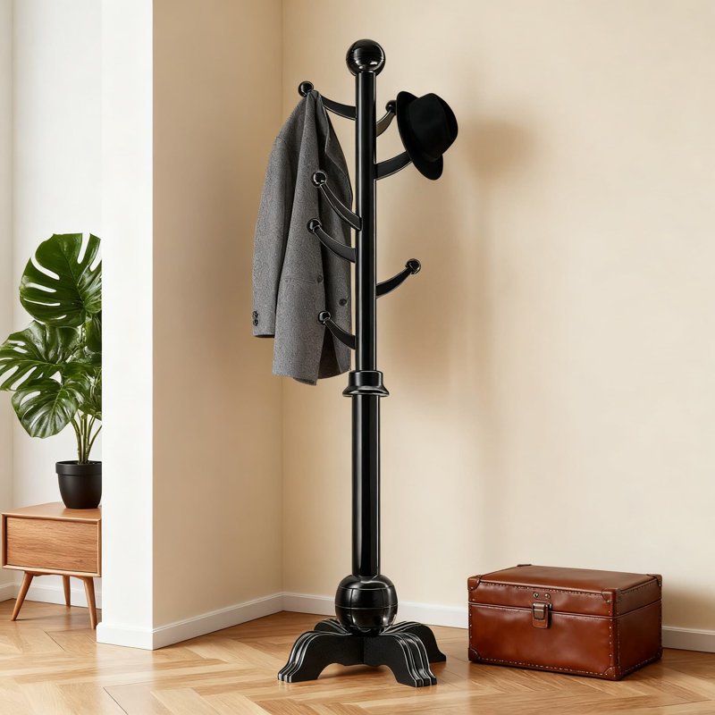 Portemanteau autoportant en bois avec 7 crochets, support pour arbre d'entrée robuste avec base stable à 4 pieds, capacité de 210 lb pour l'entrée, le couloir et l'organisation de la chambre à coucher