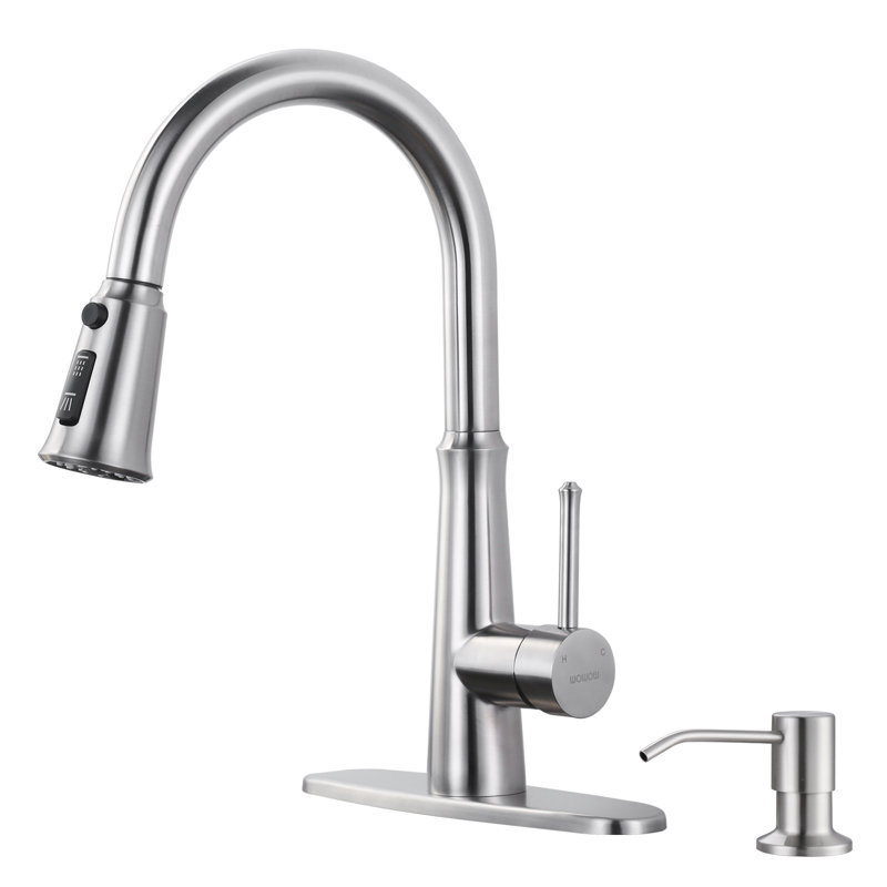 Robinet de cuisine rétractable à poignée simple avec distributeur de savon et accessoires, Nickel brossé