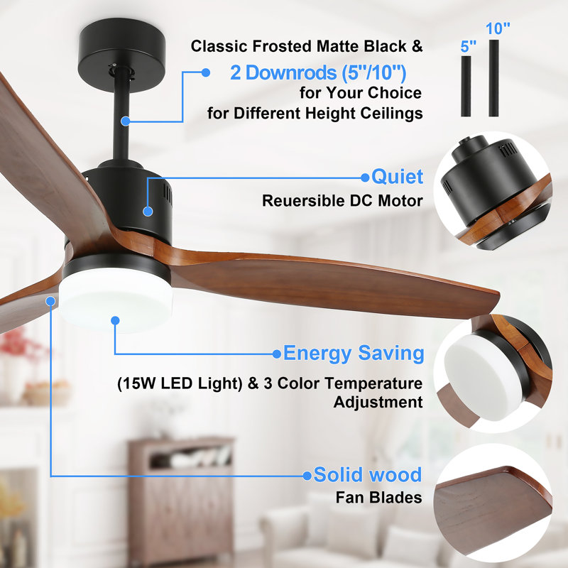 Benardo 52 inch Outdoor Indoor Wood Ceiling Fan with Lights and Remote, Modern Reversible Ceiling Fan for Patio