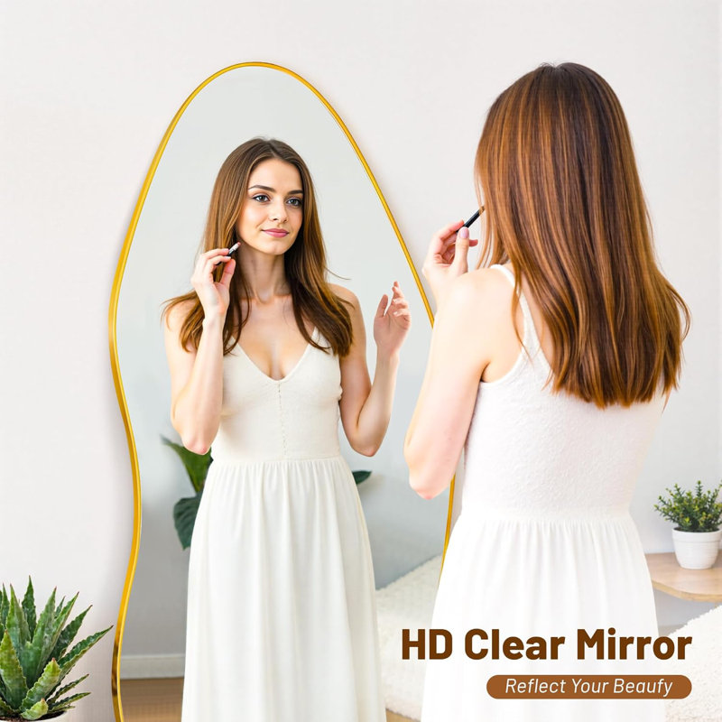 Full Length Mirror, 76"X36" Floor Mirror With Stand, Standing Hanging Leaning Irregular Mirrors For Bedroom Living Room Entryway, Wavy Shaped, Golden