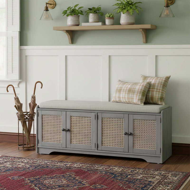Farmhouse Rattan Door Storage Bench with Cushioned Seat, Adjustable Shelves, Multifunctional Wood Shoe Bench for Entryway, Hallway and Living Room