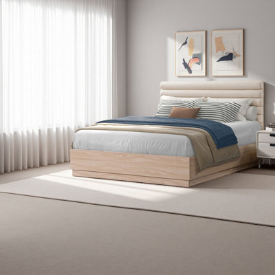 Structure de lit grand en bois avec tête de lit tapissier en tissu Boucle