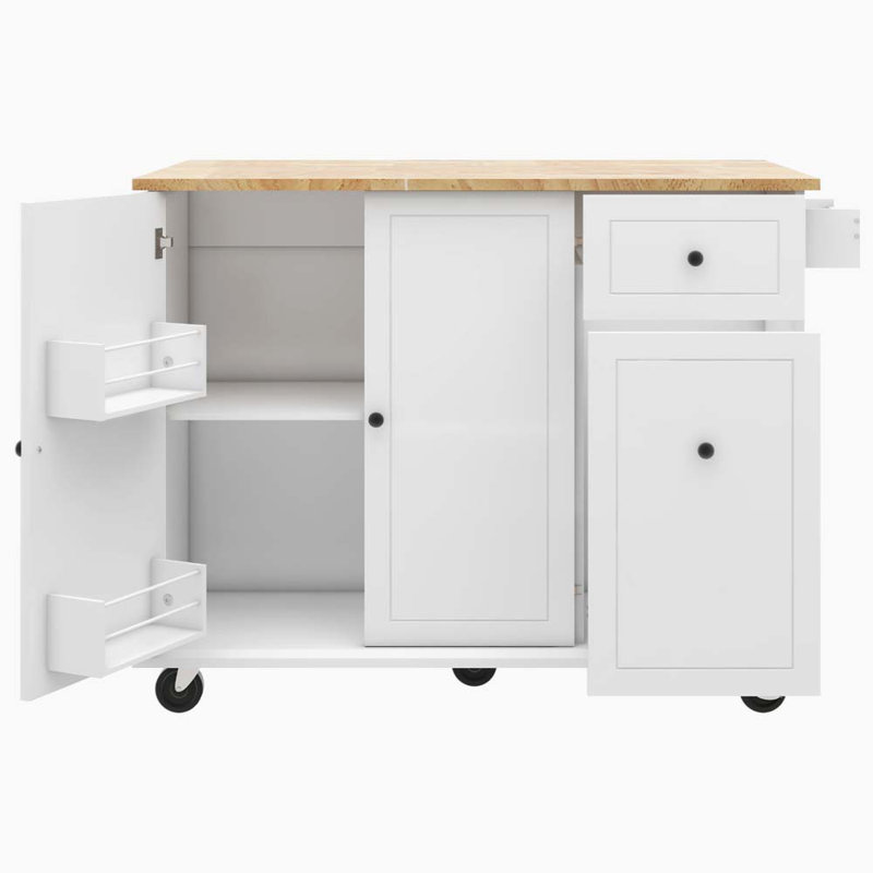 Îlot de cuisine avec abattant, chariot de cuisine sur roulettes d'une largeur de 53,9 po, Blanc
