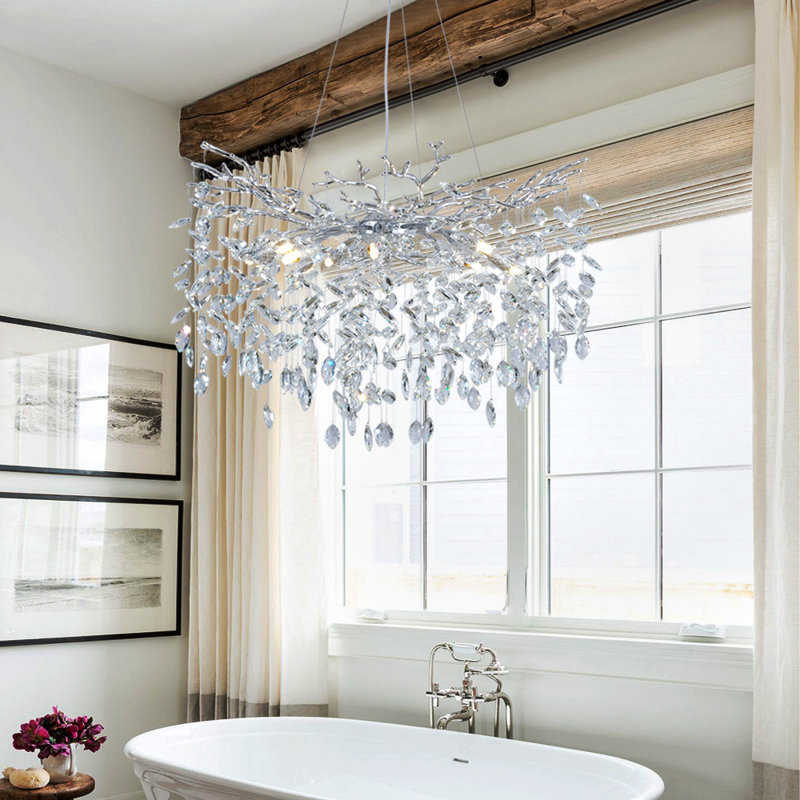 10-Light 30" Dimmable Tree Branches Crystal Linear Chandelier, Silver