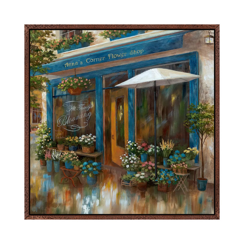 Anna's Corner Flower Shop by Nan - Painting on Canvas, 45.72 cm H x 45.72 cm W, Classic Brown Wood Framed