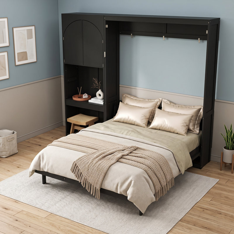 Grand lit escamotable 1 tiroir avec armoire latérale réversible et lumières DEL, Noir