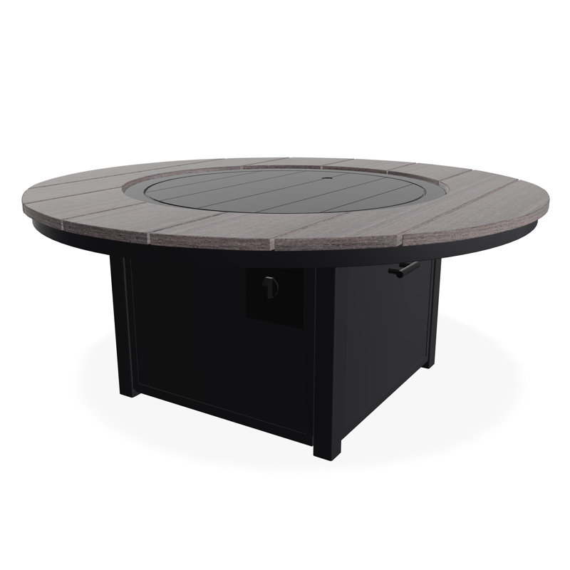 54" Round Rustic Polymer Fire Table with Propane Shelf, Black/Boardwalk
