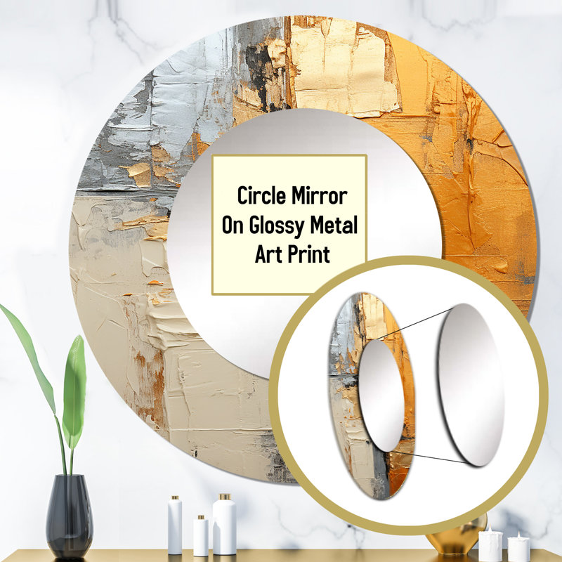 Gold Grey Gleaming Geometry XV - Abstract Collages Round Mirror Wall Decor, 29" x 29"