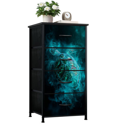 Stained Glass Dresser for Bedroom with 4 Storage Drawers Mystical Sea Turtle Turquoise Shell Dark Ocean Waters Dressers Chest of Drawers Steel Framed Fabric Closet Organizers for Dorm Entryway