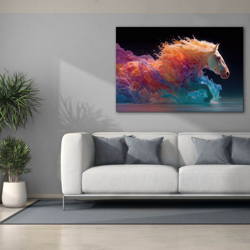  Art mural en toile 60 po x 40 po «Émergence de cheval» par Ann Klee, H 40 po x l 60 po